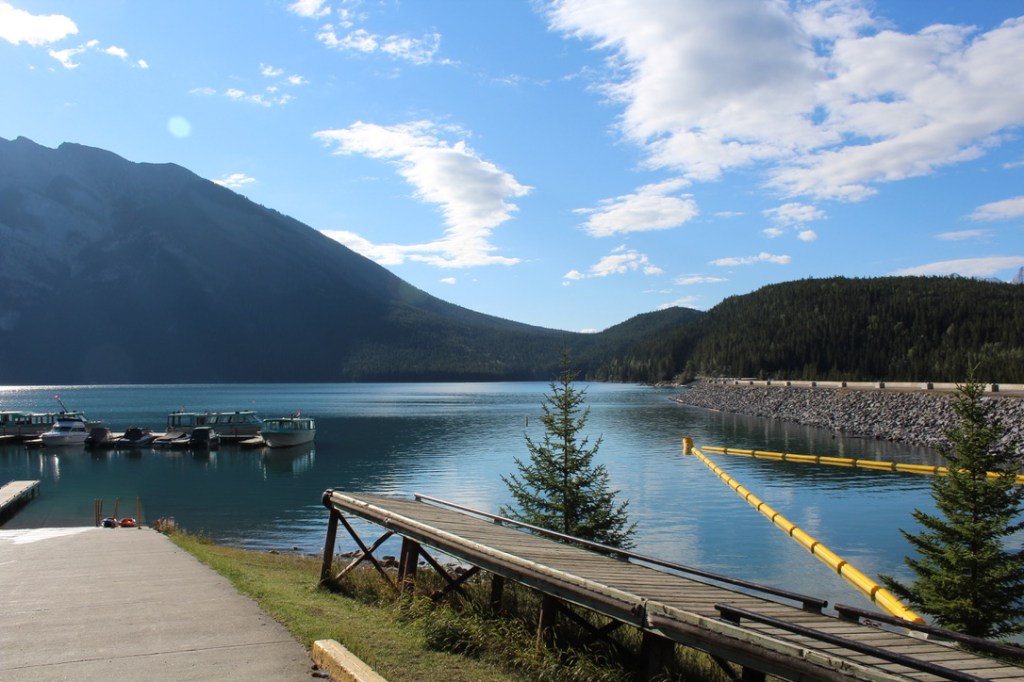 Lake Minnewanka mountain and glacier lake views in Banff, Canada. 